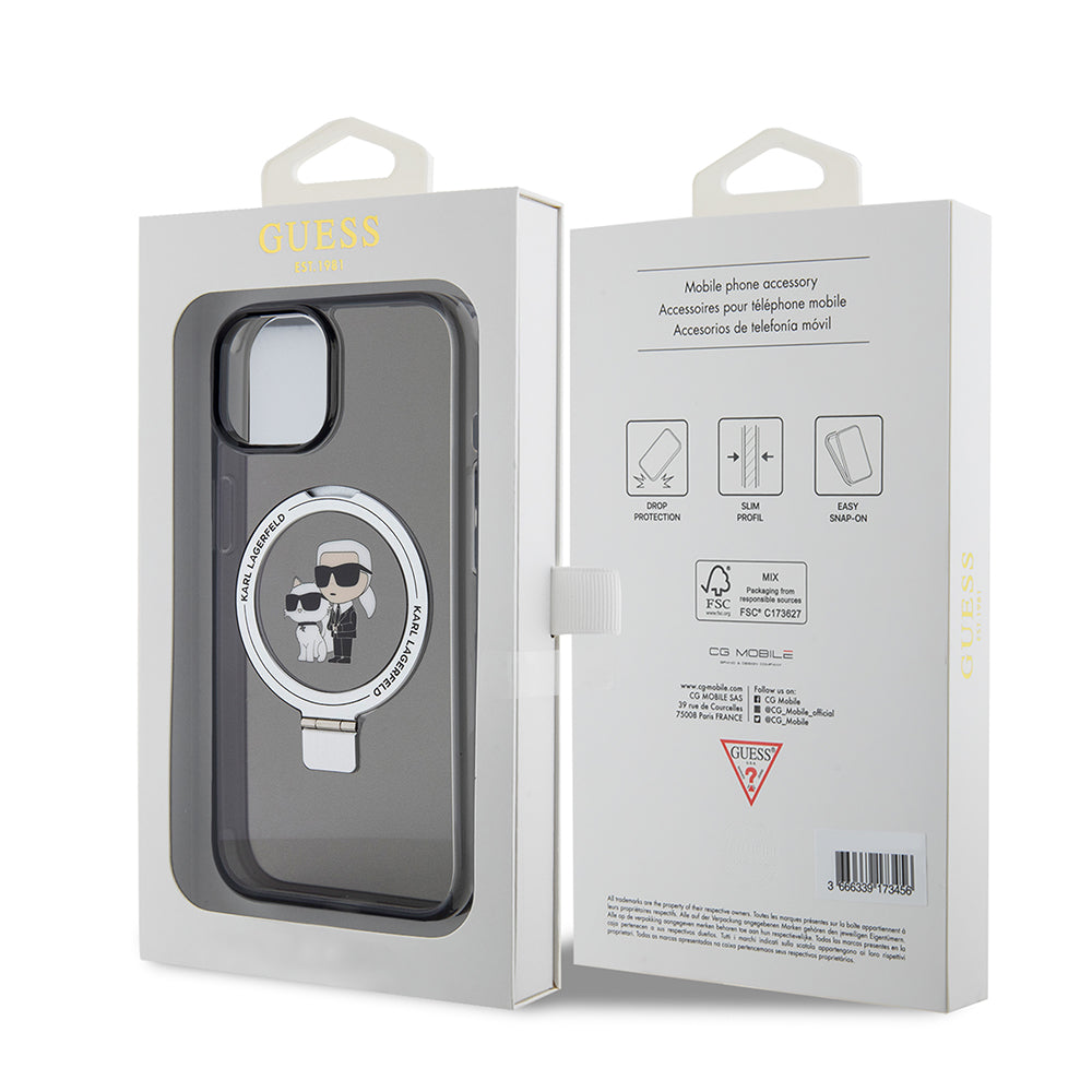 Custodia MagSafe per Apple iPhone 15, Karl Lagerfeld, Ring Stand Karl & Choupette, Nera