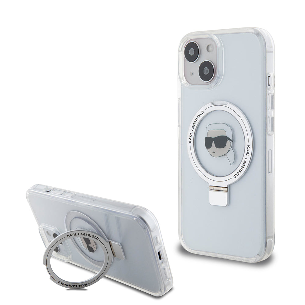 Custodia MagSafe per Apple iPhone 15, Karl Lagerfeld, Ring Stand Karl's Head, Bianca