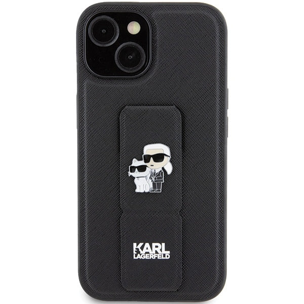 Custodia MagSafe per Apple iPhone 15, Karl Lagerfeld, Saffiano Gripstand Karl & Choupette, Nera