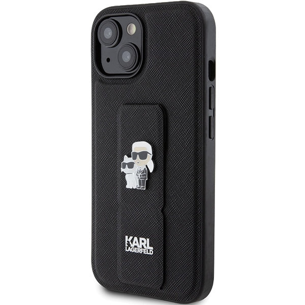 Custodia MagSafe per Apple iPhone 15, Karl Lagerfeld, Saffiano Gripstand Karl & Choupette, Nera