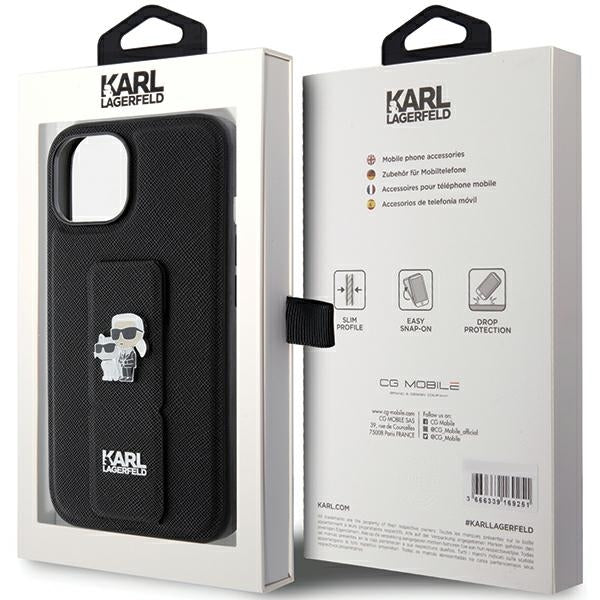 Custodia MagSafe per Apple iPhone 15, Karl Lagerfeld, Saffiano Gripstand Karl & Choupette, Nera