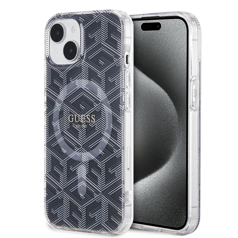 MagSafe Hülle für Apple iPhone 15 Plus, Guess, IML Gcube, Schwarz