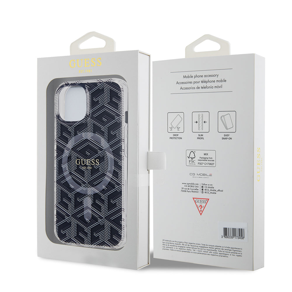 MagSafe Hülle für Apple iPhone 15 Plus, Guess, IML Gcube, Schwarz