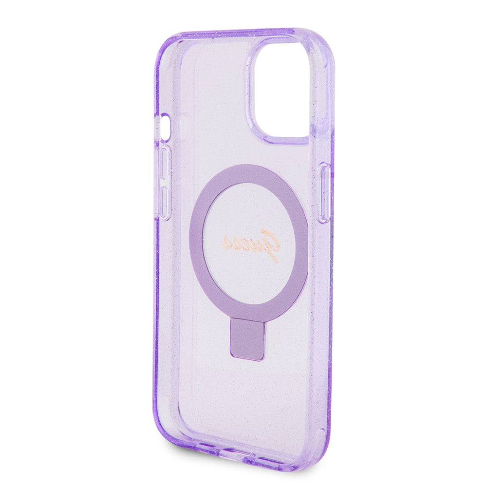 Coque MagSafe pour Apple iPhone 15 Plus, Guess, Ring Stand Script Glitter, Violet