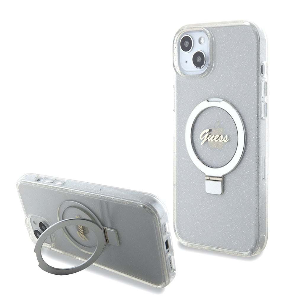 Coque MagSafe pour Apple iPhone 15 Plus, Guess, Ring Stand Script Glitter, Transparente