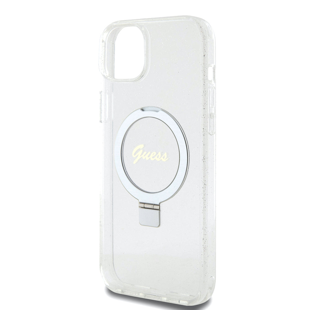 Coque MagSafe pour Apple iPhone 15 Plus, Guess, Ring Stand Script Glitter, Transparente