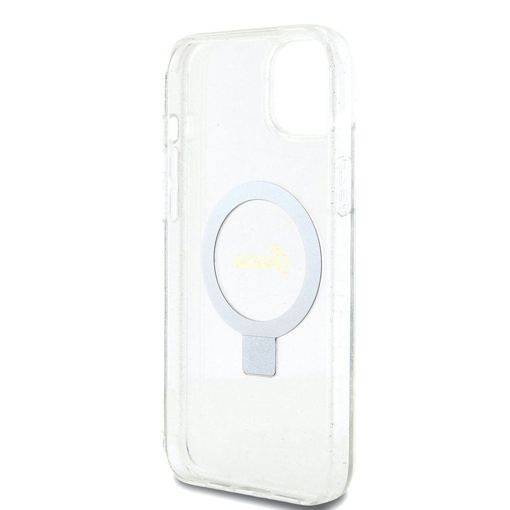 Coque MagSafe pour Apple iPhone 15 Plus, Guess, Ring Stand Script Glitter, Transparente