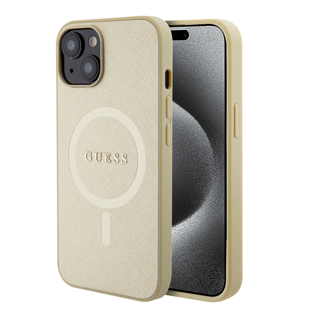 Custodia MagSafe per Apple iPhone 15 Plus, Guess, Saffiano, Dorata