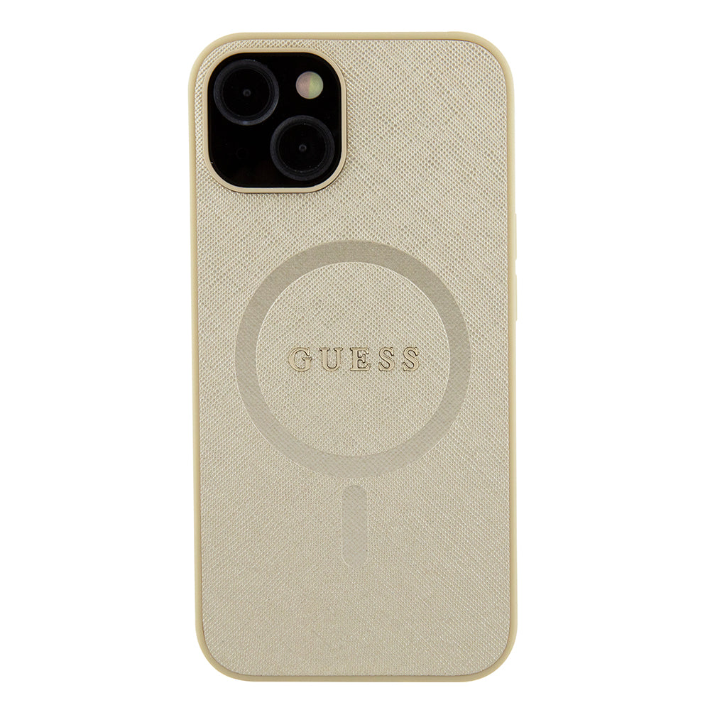 Custodia MagSafe per Apple iPhone 15 Plus, Guess, Saffiano, Dorata