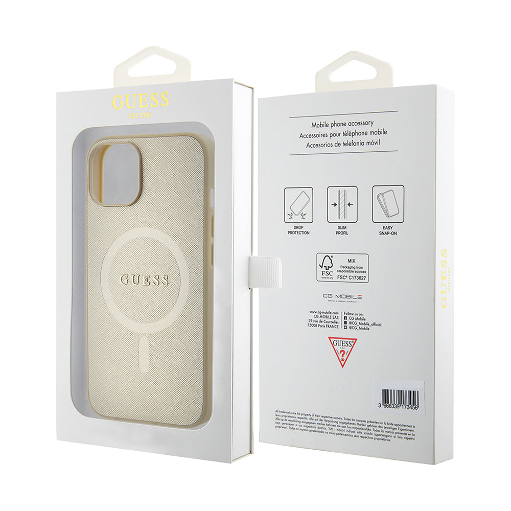 Custodia MagSafe per Apple iPhone 15 Plus, Guess, Saffiano, Dorata