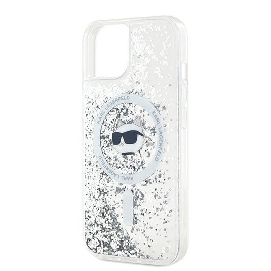 Coque MagSafe pour Apple iPhone 15 Plus, Karl Lagerfeld, Liquid Glitter Choupette's Head, Transparente