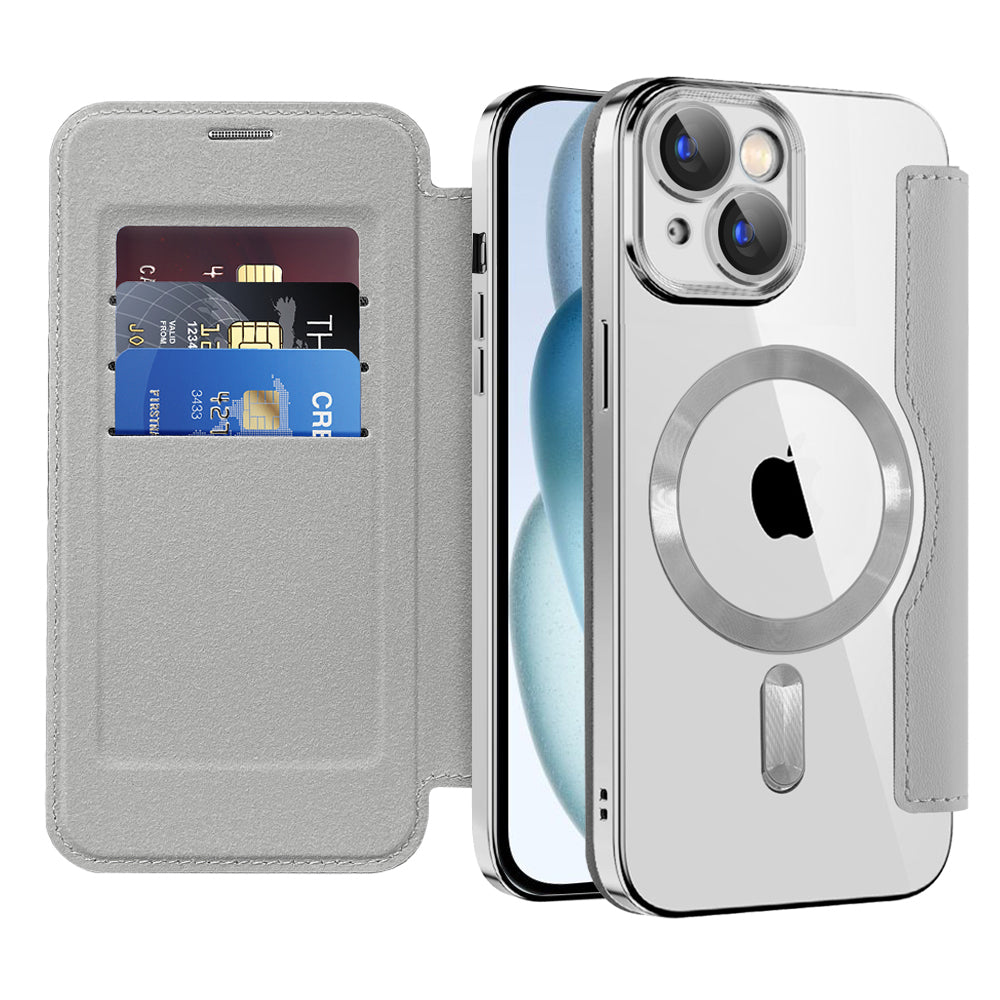 Custodia MagSafe per Apple iPhone 15 Plus, Techsuit, SmartMag Book, Grigio