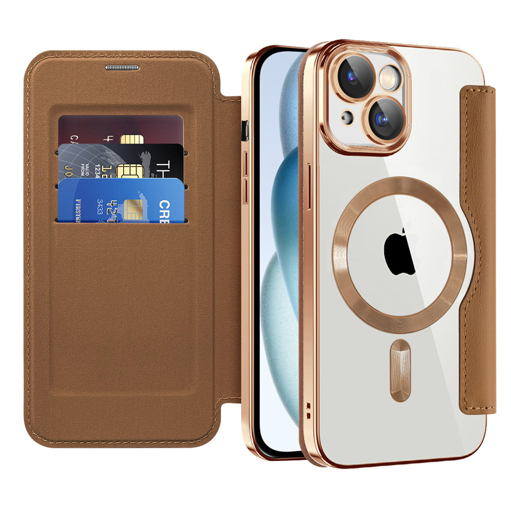 Custodia MagSafe per Apple iPhone 15 Plus, Techsuit, SmartMag Book, Marrone