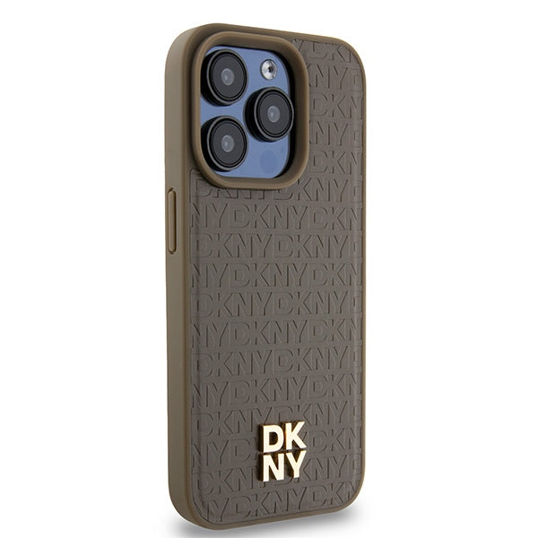 MagSafe Hülle für Apple iPhone 15 Pro, DKNY, Monogramm-Muster Metall-Logo, Braun