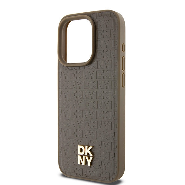 MagSafe Hülle für Apple iPhone 15 Pro, DKNY, Monogramm-Muster Metall-Logo, Braun