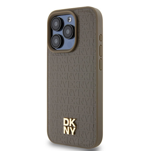 MagSafe Hülle für Apple iPhone 15 Pro, DKNY, Monogramm-Muster Metall-Logo, Braun