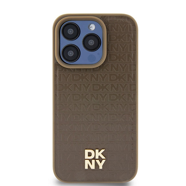 MagSafe Hülle für Apple iPhone 15 Pro, DKNY, Monogramm-Muster Metall-Logo, Braun