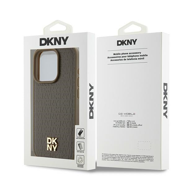MagSafe Hülle für Apple iPhone 15 Pro, DKNY, Monogramm-Muster Metall-Logo, Braun