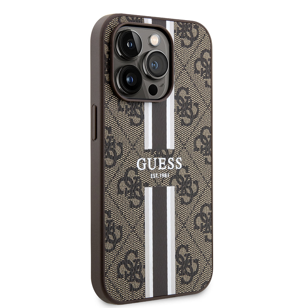 MagSafe Hülle für Apple iPhone 15 Pro, Guess, 4G Printed Stripes, Braun