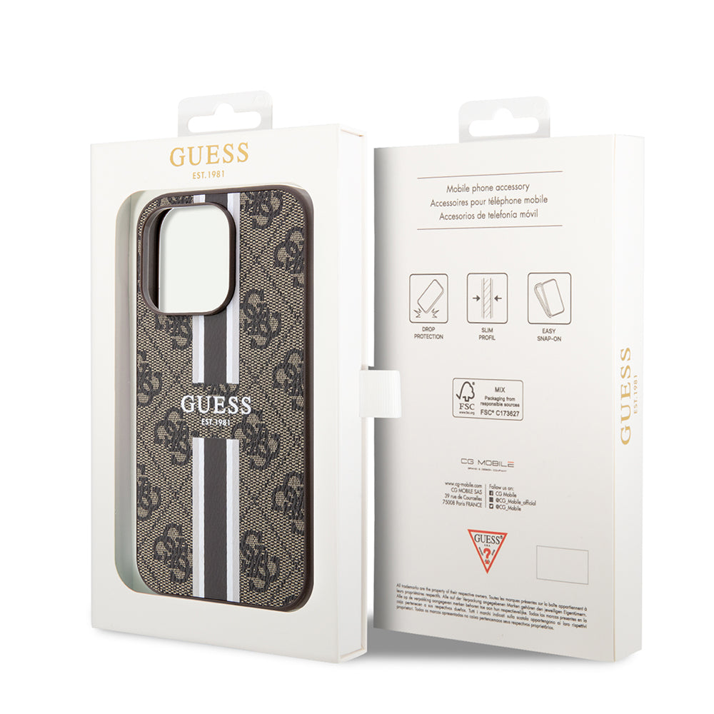 MagSafe Hülle für Apple iPhone 15 Pro, Guess, 4G Printed Stripes, Braun