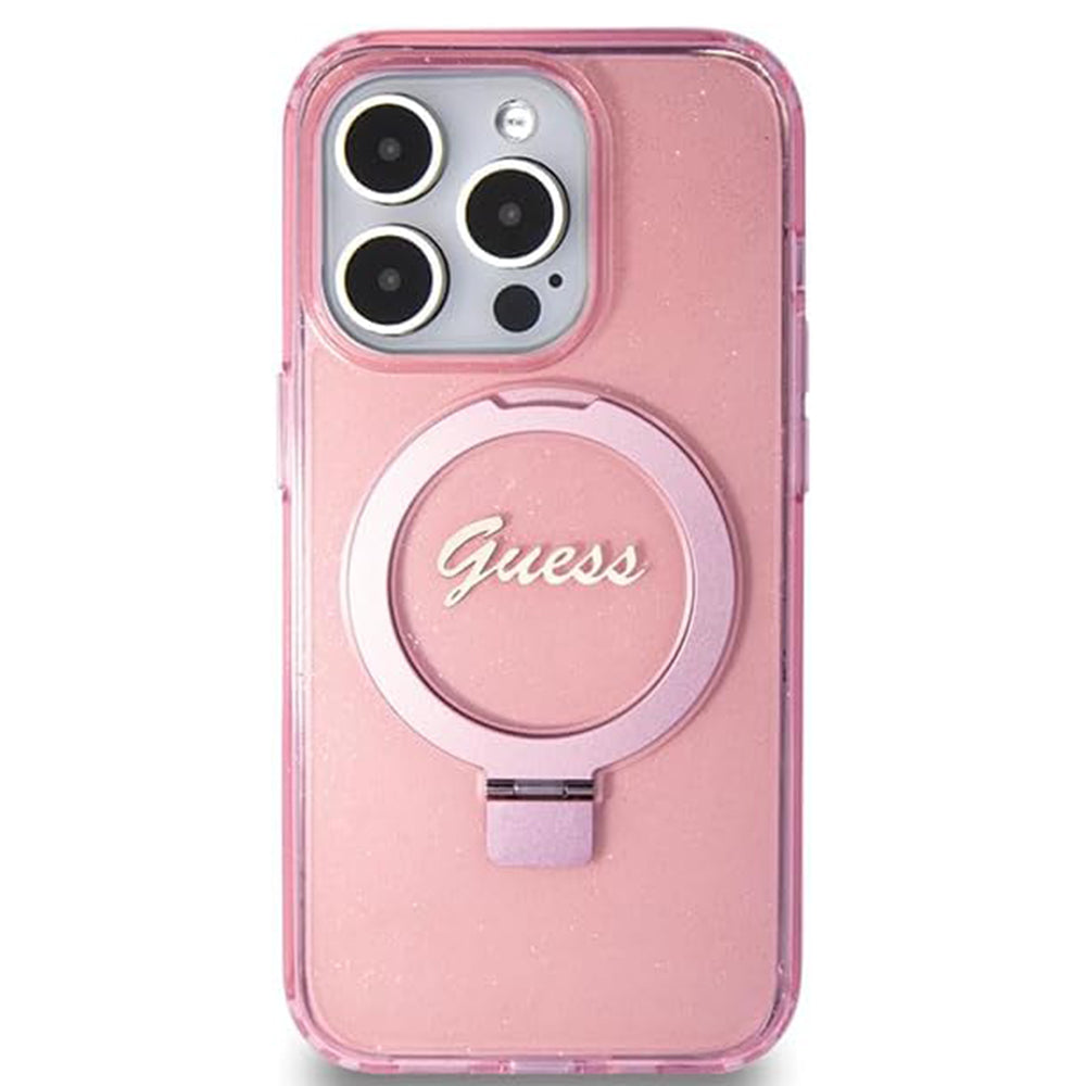 Custodia MagSafe per Apple iPhone 15 Pro, Guess, IML Ring Stand Glitter, Rosa