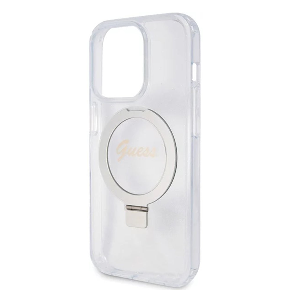 Coque MagSafe pour Apple iPhone 15 Pro, Guess, IML Ring Stand Glitter, Transparente