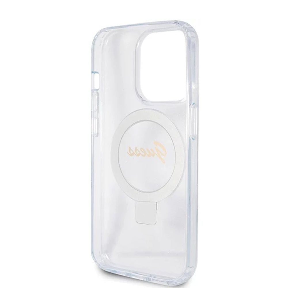 Coque MagSafe pour Apple iPhone 15 Pro, Guess, IML Ring Stand Glitter, Transparente