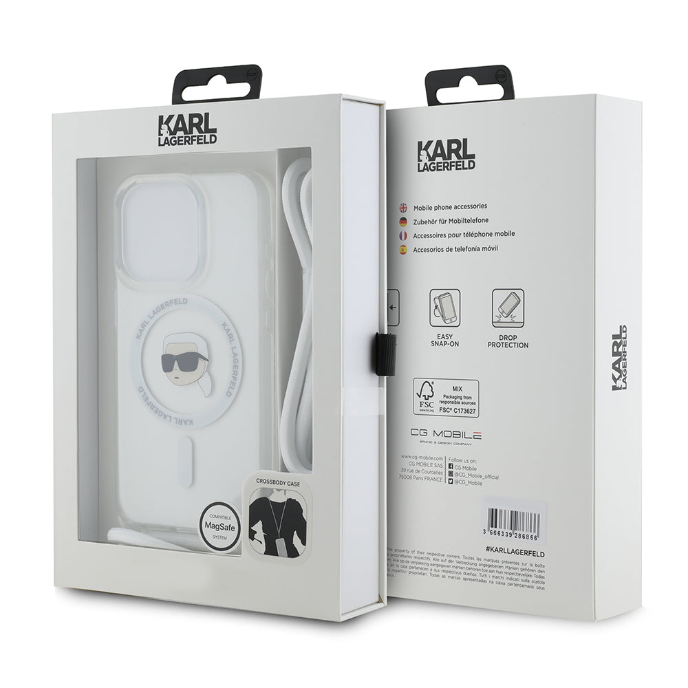 Coque MagSafe pour Apple iPhone 15 Pro, Karl Lagerfeld, IML Crossbody Karl's Head, Transparente