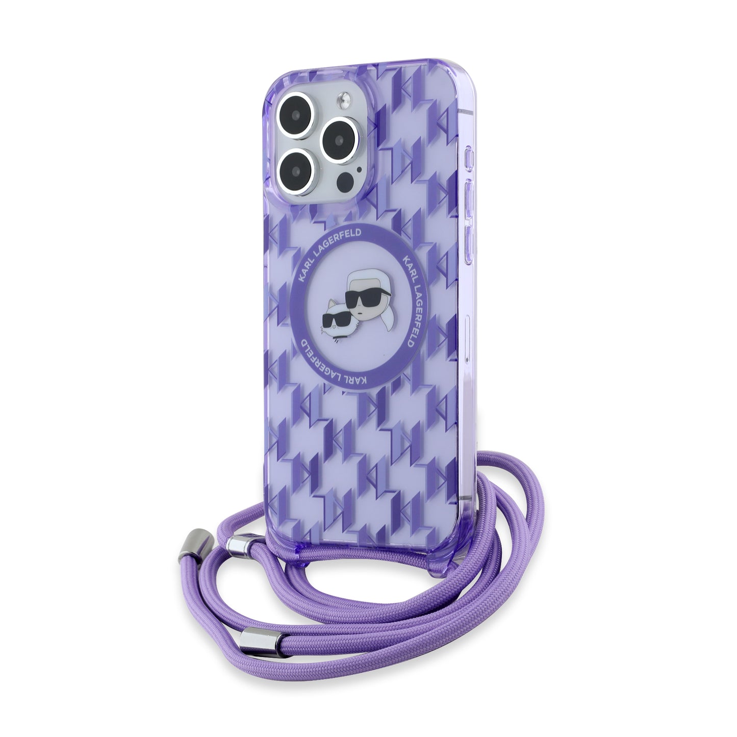 Custodia MagSafe per Apple iPhone 15 Pro, Karl Lagerfeld, IML Crossbody Monogramma Karl & Choupette's Heads, Viola
