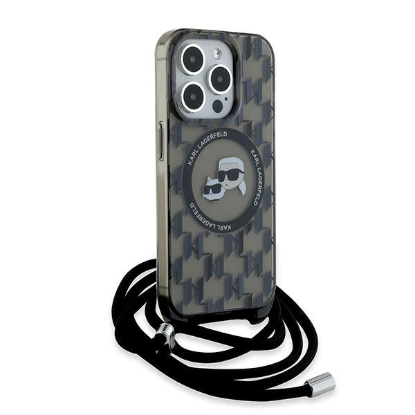 Custodia MagSafe per Apple iPhone 15 Pro, Karl Lagerfeld, IML Crossbody Monogram Karl & Choupette's Heads, Nera