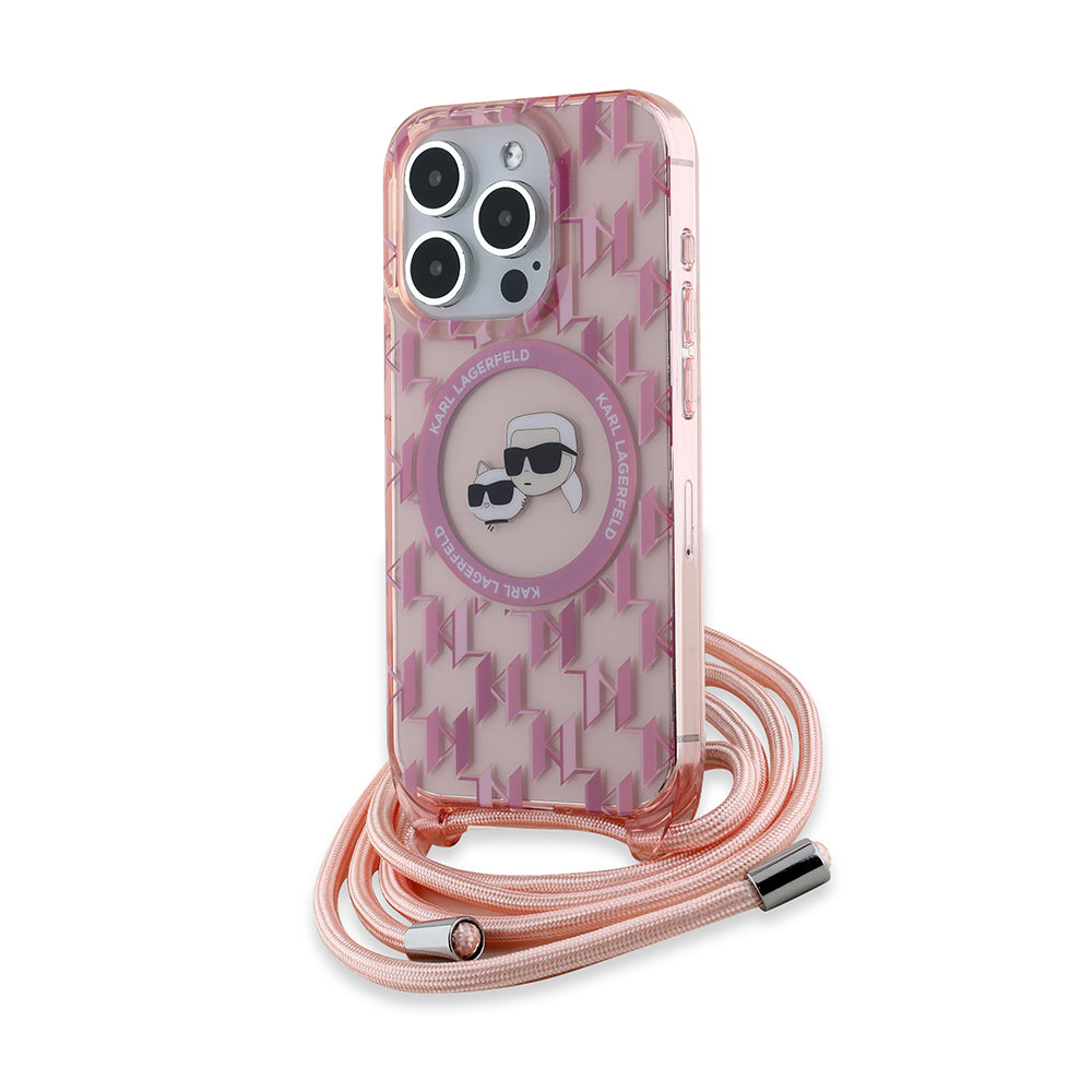 MagSafe Case for Apple iPhone 15 Pro, Karl Lagerfeld, IML Crossbody Monogram Karl & Choupette's Heads, Pink