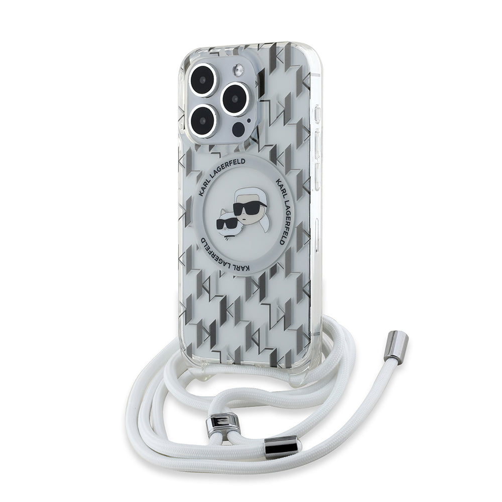 Custodia MagSafe per Apple iPhone 15 Pro, Karl Lagerfeld, IML Crossbody Monogram Karl & Choupette's Heads, Trasparente