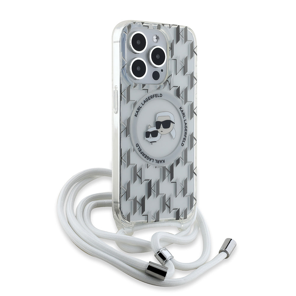 Custodia MagSafe per Apple iPhone 15 Pro, Karl Lagerfeld, IML Crossbody Monogram Karl & Choupette's Heads, Trasparente