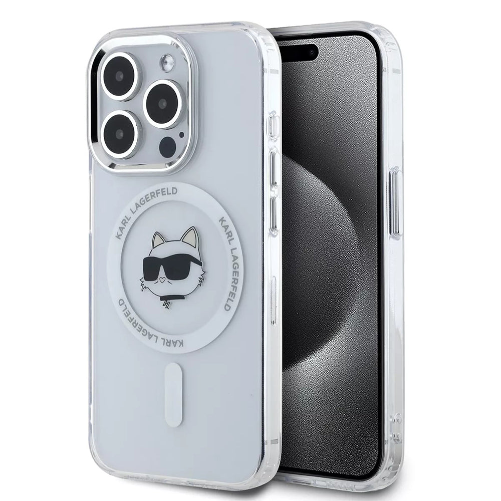 Étui MagSafe pour Apple iPhone 15 Pro, Karl Lagerfeld, IML Metal Choupette's Head, Blanc.