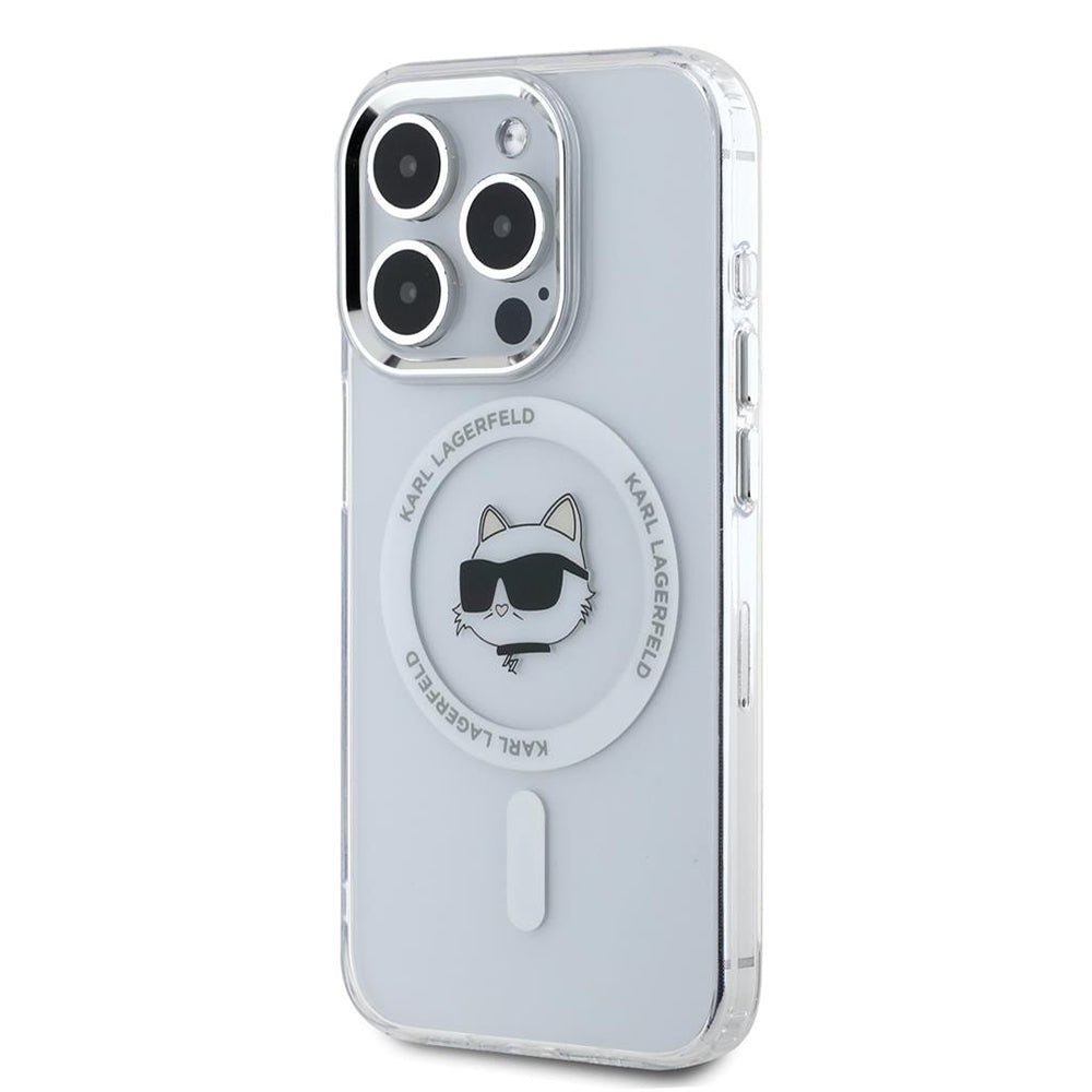 Étui MagSafe pour Apple iPhone 15 Pro, Karl Lagerfeld, IML Metal Choupette's Head, Blanc.