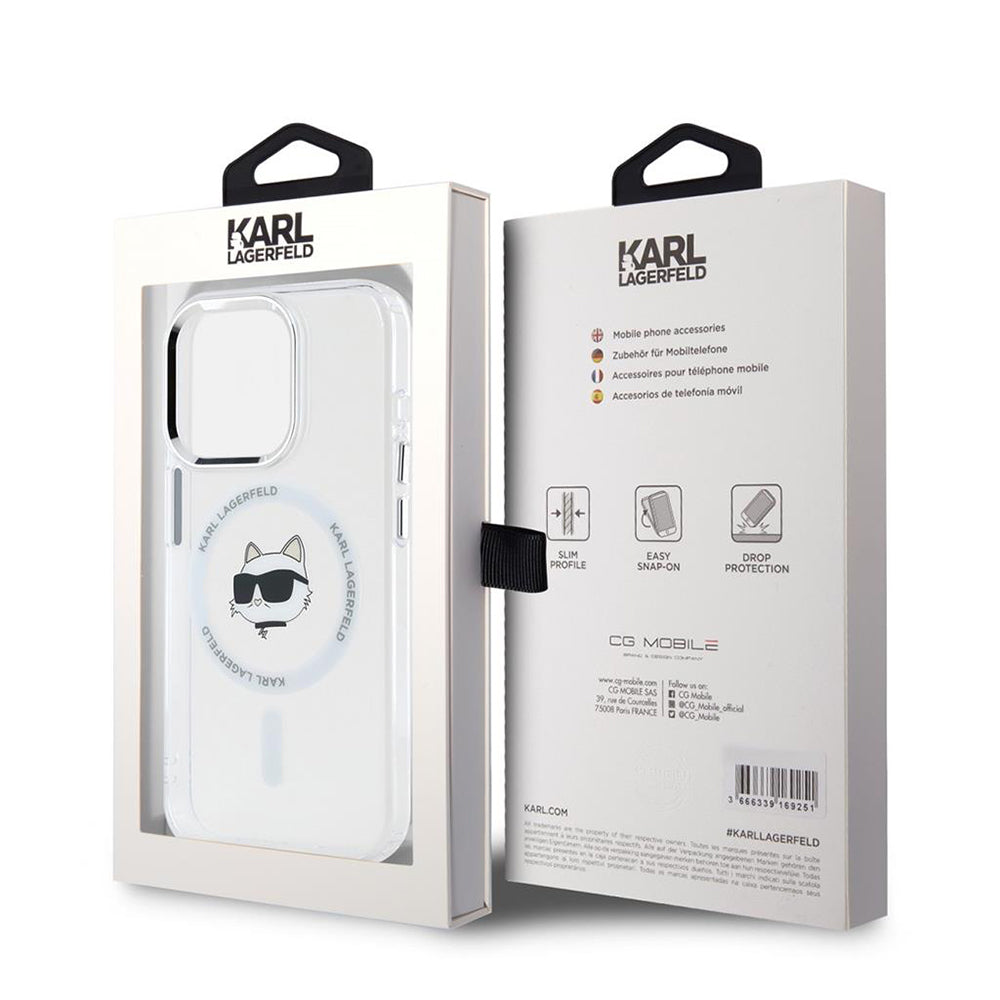 Étui MagSafe pour Apple iPhone 15 Pro, Karl Lagerfeld, IML Metal Choupette's Head, Blanc.