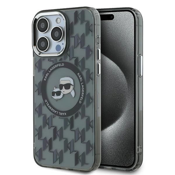 Étui MagSafe pour Apple iPhone 15 Pro, Karl Lagerfeld, IML Monogramme Karl & Têtes de Choupette, Noir