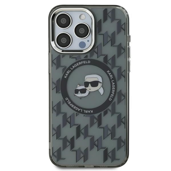 Étui MagSafe pour Apple iPhone 15 Pro, Karl Lagerfeld, IML Monogramme Karl & Têtes de Choupette, Noir