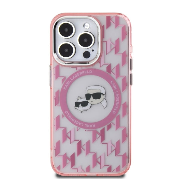Custodia MagSafe per Apple iPhone 15 Pro, Karl Lagerfeld, IML Monogramma Karl & Choupette's Heads, Rosa