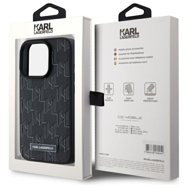 MagSafe Hülle für Apple iPhone 15 Pro, Karl Lagerfeld, Monogram Metal Logo, Schwarz