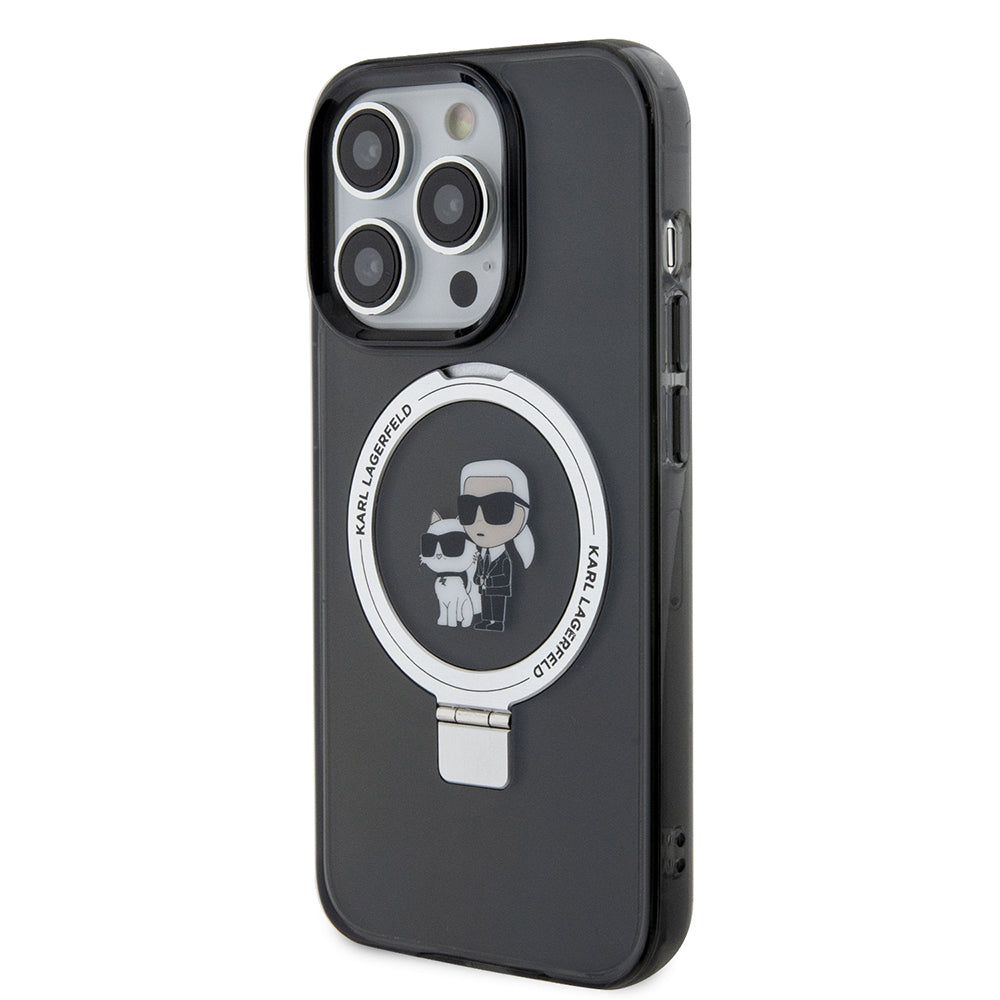 Custodia MagSafe per Apple iPhone 15 Pro, Karl Lagerfeld, Ring Stand Karl & Choupette, Nera