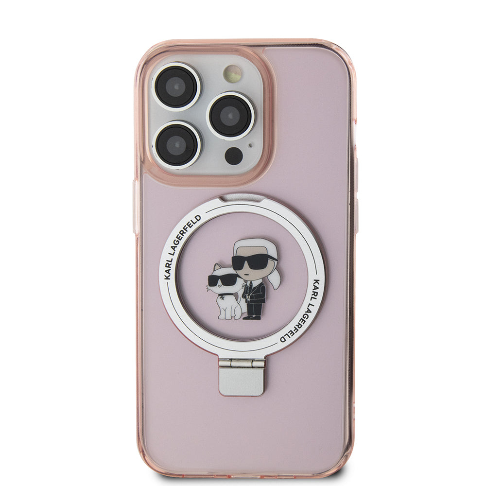 MagSafe Hülle für Apple iPhone 15 Pro, Karl Lagerfeld, Ring Stand Karl & Choupette, Rosa