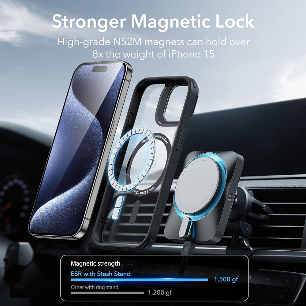 Custodia MagSafe per Apple iPhone 15 Pro Max, ESR, Classic Hybrid Kickstand, Nera Trasparente
