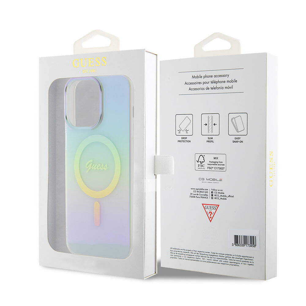 Custodia MagSafe per Apple iPhone 15 Pro Max, Guess, IML Iridescente, Turchese