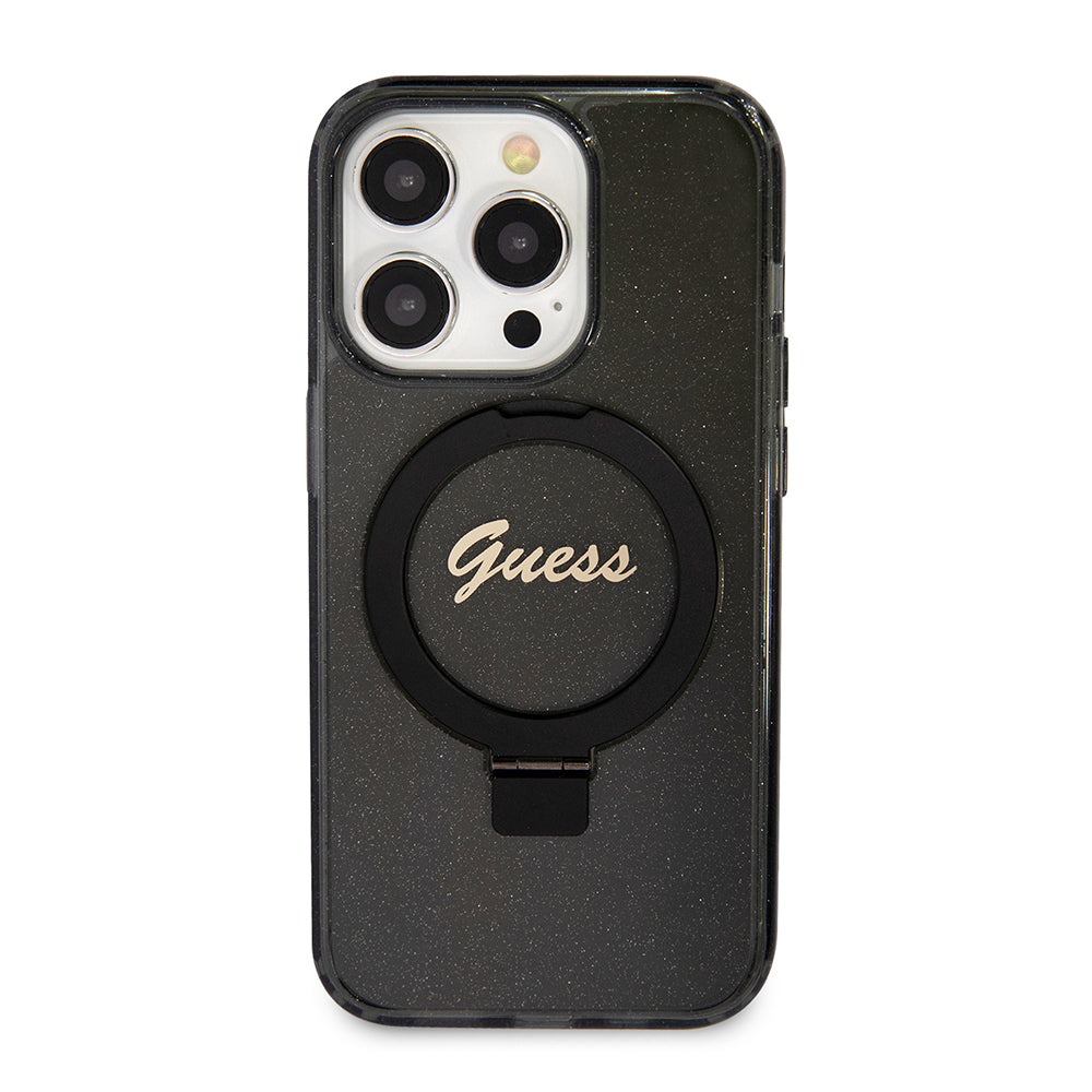 Custodia MagSafe per Apple iPhone 15 Pro Max, Guess, IML Ring Stand Glitter, Nera