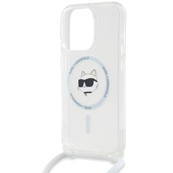 Custodia MagSafe per Apple iPhone 15 Pro Max, Karl Lagerfeld, IML Crossbody Choupette's Head con Tracolla, Trasparente