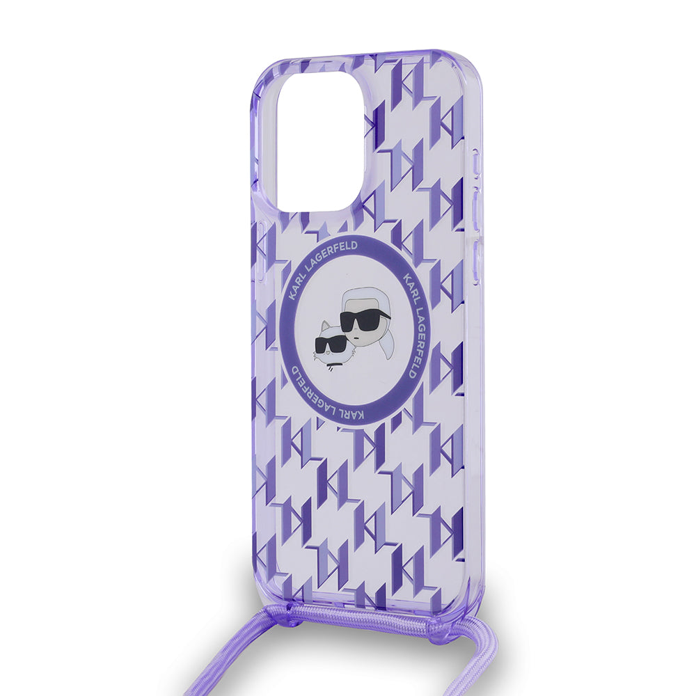 Custodia MagSafe per Apple iPhone 15 Pro Max, Karl Lagerfeld, IML Crossbody Monogram Karl & Choupette's Heads, Viola