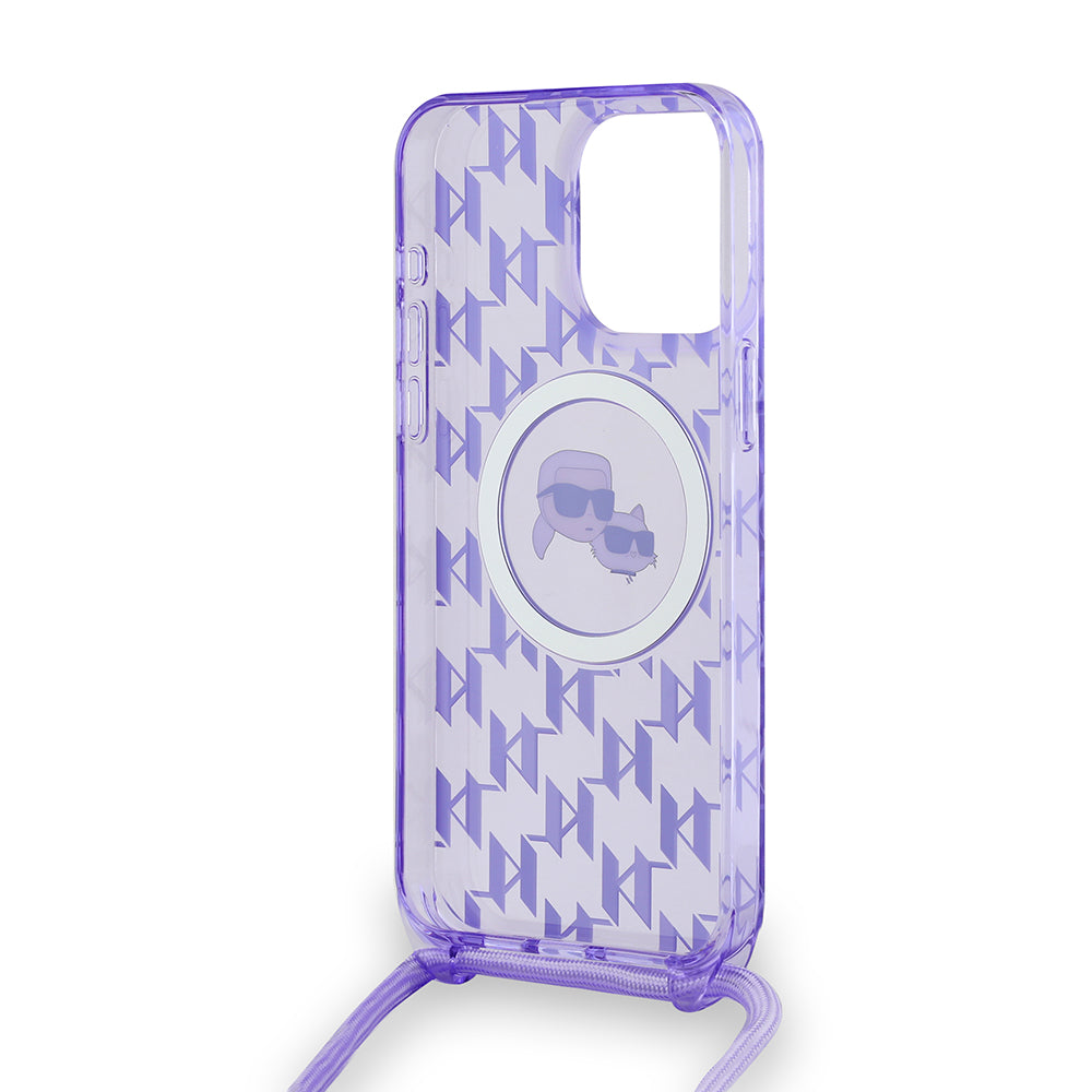 Custodia MagSafe per Apple iPhone 15 Pro Max, Karl Lagerfeld, IML Crossbody Monogram Karl & Choupette's Heads, Viola