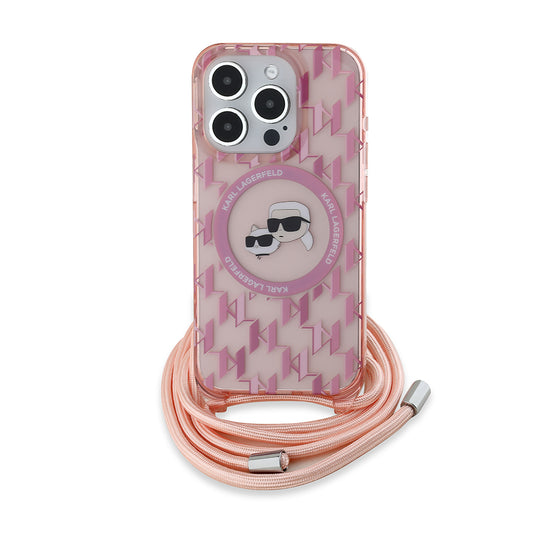 Étui MagSafe pour Apple iPhone 15 Pro Max, Karl Lagerfeld, IML Crossbody Monogramme Karl & Têtes de Choupette, Rose.