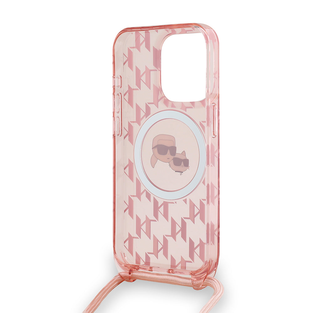 MagSafe Hülle für Apple iPhone 15 Pro Max, Karl Lagerfeld, IML Crossbody Monogram Karl & Choupette's Heads, Rosa